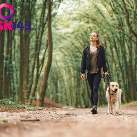 Jonge vrouw wandelt met haar hond in het bos om vitamine D binnen te krijgen